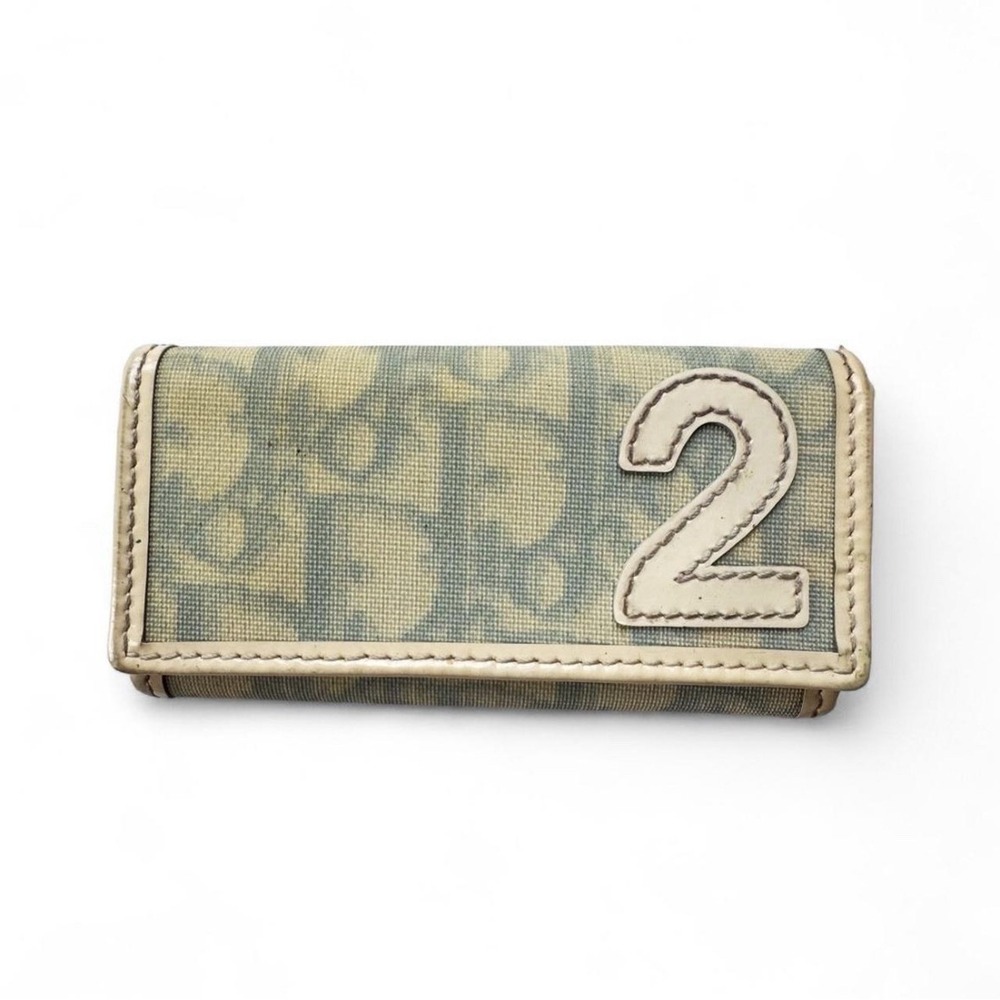 Christian Dior Monogram Leather And Canvas Key Case Wallet Blue/ White